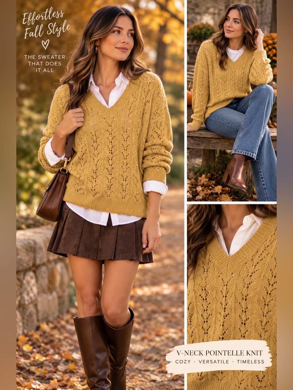 Cupshe Sweater Large Chevron Pointelle V-Neck Knit Coquette Boho Cozy NWOT